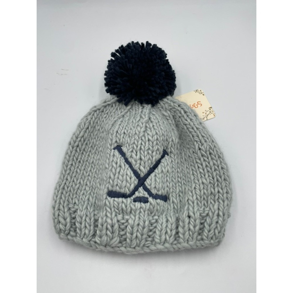 Huggalugs Hockey Beanie Baby‎ Ice Gray Indigo Pom Pom Embroidered Cozy Hat NWT